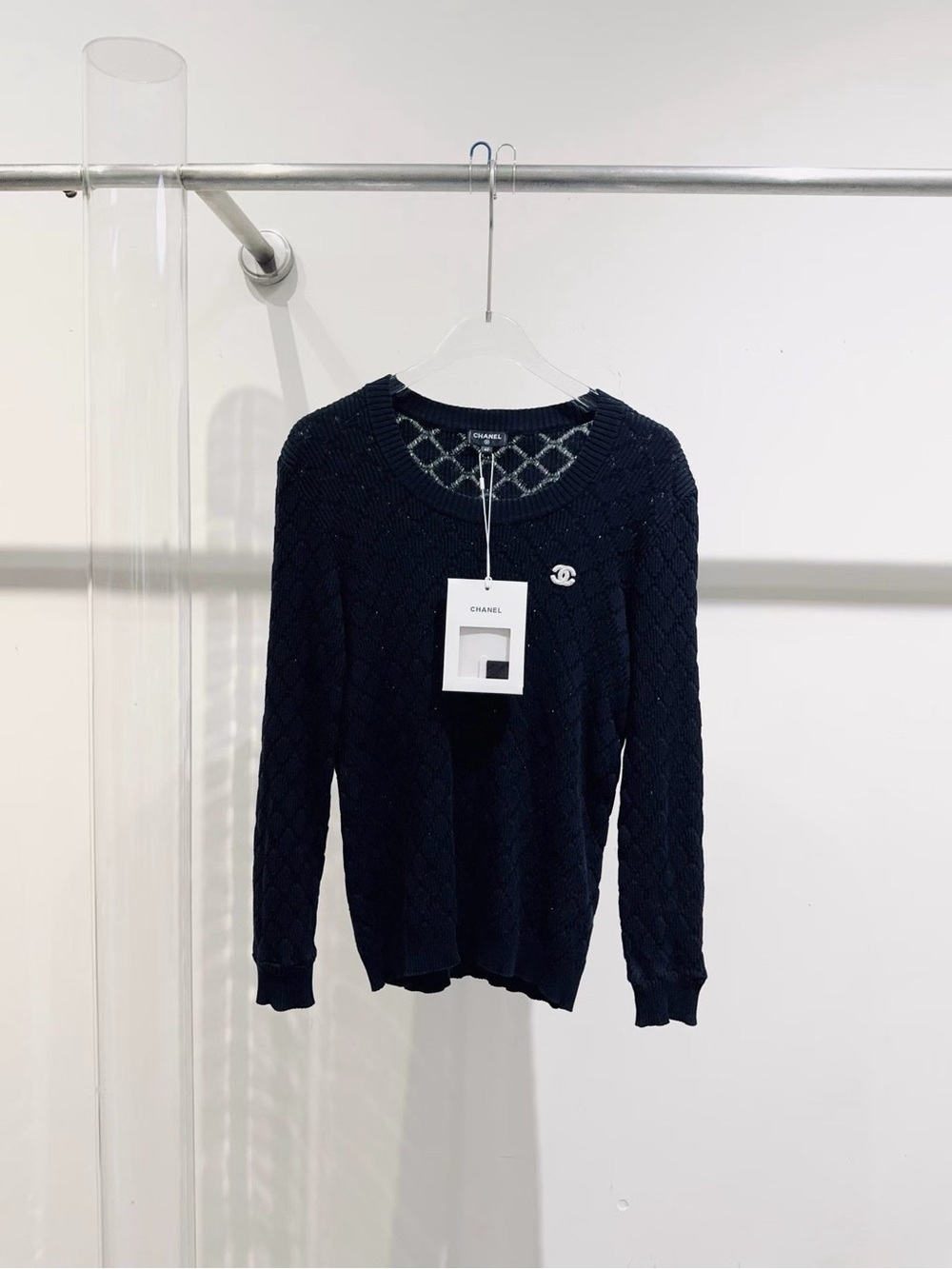 CHANEL Navy Textured Crewneck Sweater with CC Pin